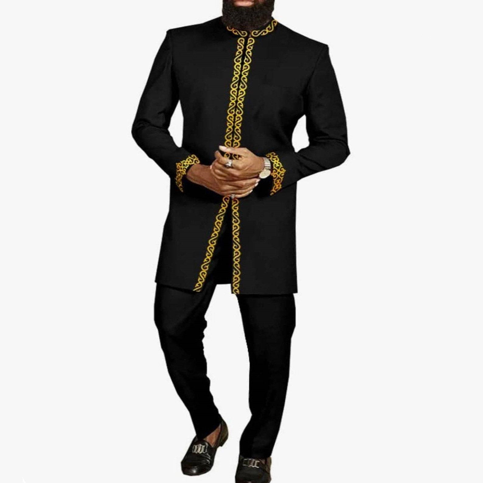 Simple Men's Long African Printed Cotton Men's Suit
