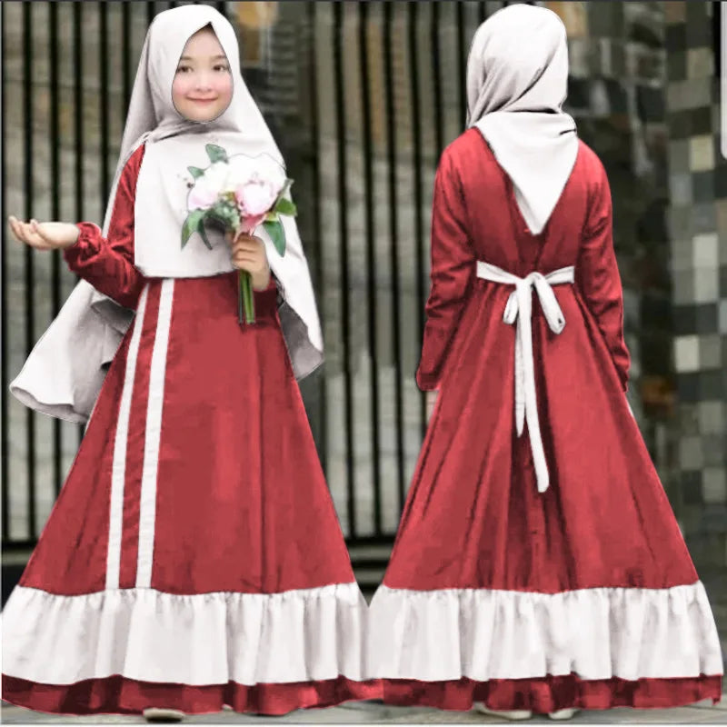 2pcs Muslim Children Hijab Dress Prayer Garment Caftan Abaya Kids