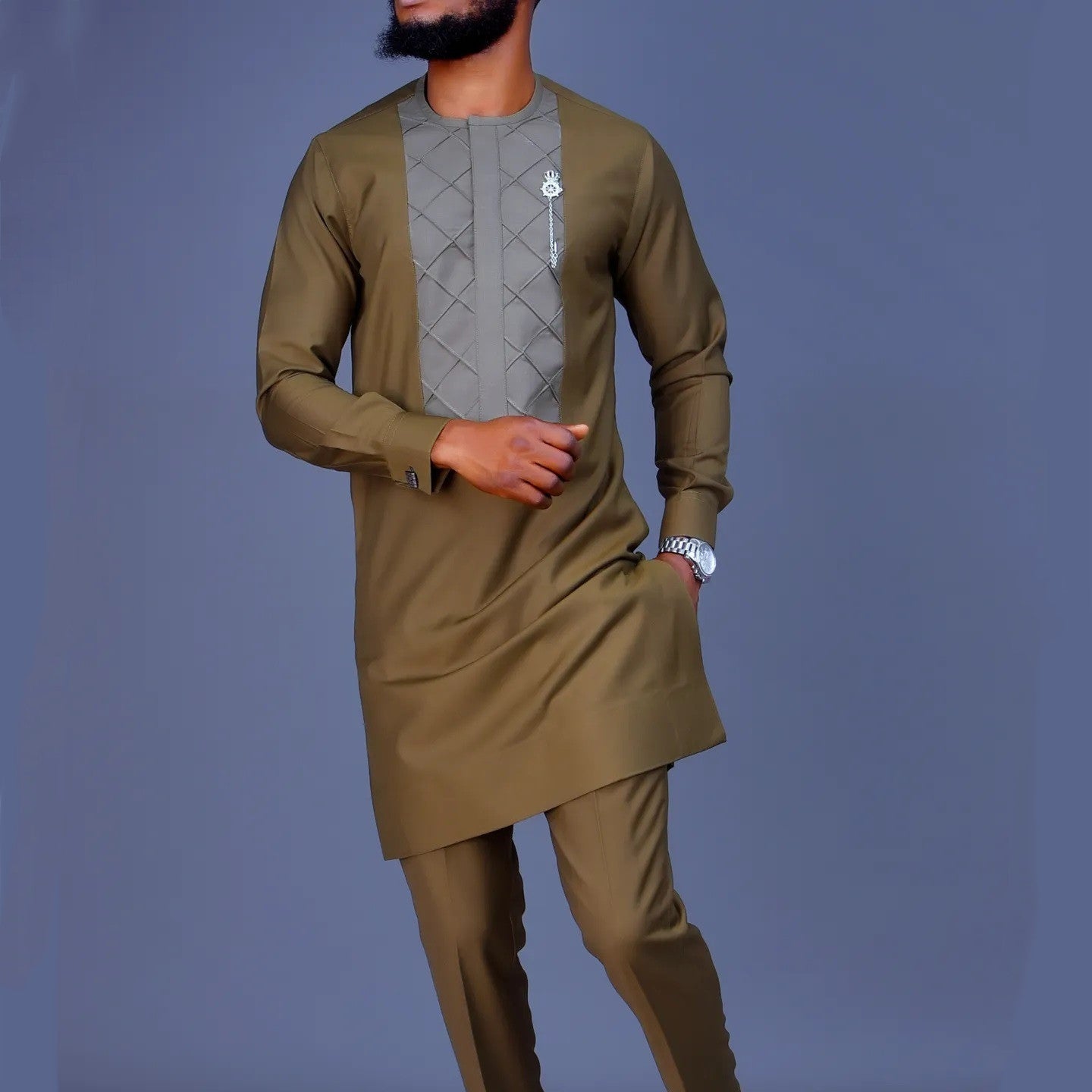 Long Sleeve Crew Neck Embroidered African Simple Men's Casual Suit
