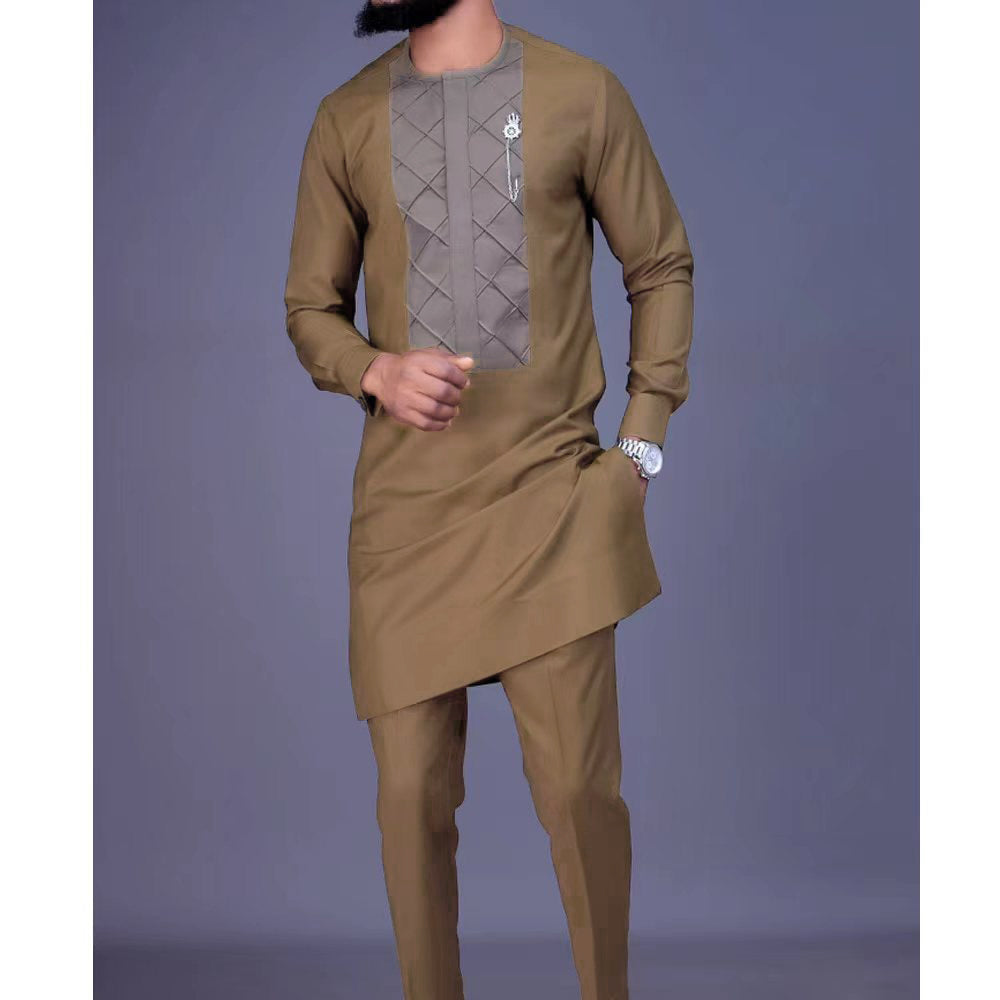 Long Sleeve Crew Neck Embroidered African Simple Men's Casual Suit